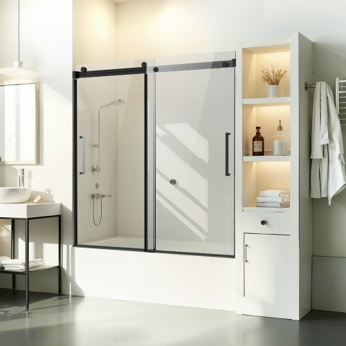 VEVOR Ramlös skjutdörr till badkar, 136-152 cm B x 152 cm H, Ramlös duschdörr i glas, Ramlös dubbel skjutdörr till badkar med 13 mm klart härdat glas och handtag i rostfritt stål, svart finish