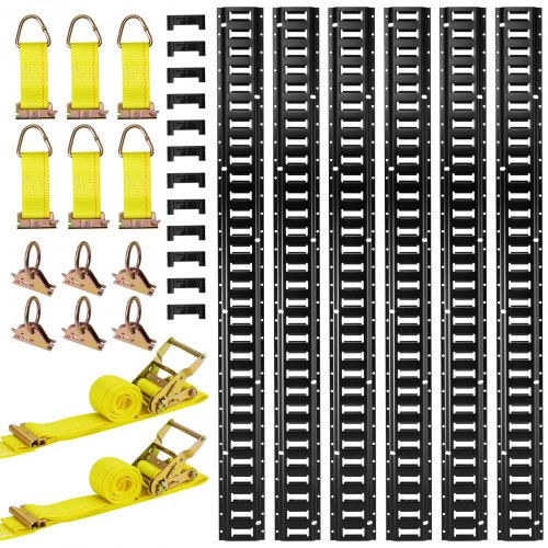VEVOR E-Track-skenor, 6-pack 1,5 m E-spårskenor, 26 st. inkluderar 2 spärrremmar och 6 O-ringar och 6 förankringspunkter med D-ring och 12 ändkåpor, passar för garage, skåpbilar, släpvagnar, motorcyklar