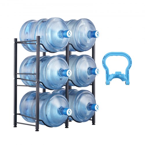 VEVOR 3-våningars vattenkannahållare, 5-gallons vattenflaskhållare, dubbelradig vattenflaskställ för 6 flaskor, kraftig vattenkannaställ för kök, kontor, vardagsrum, svart