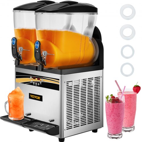 VEVOR Kommersiell Slushmaskin, 15Lx2 Dubbeltanksmaskin för Frysta Drycker, 120 Koppar Rostfritt Stål Margarita Smoothie Frysta Drycker, Slushmaskin för Hemmafester Restauranger Caféer Barer