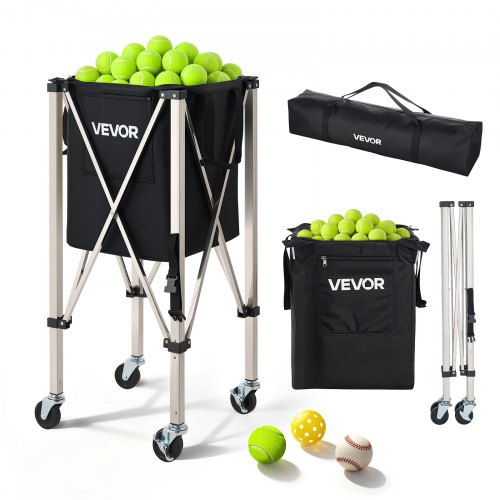 VEVOR Tennisbollsbehållare, Rymmer 200 Tennisbollar, Hopfällbar Pickleball-korg med Hjul för Enkel Upphämtning, Bärbar Pickleball-vagn i Rostfritt Stål med Förvaringsväska, för Träning och Undervisning