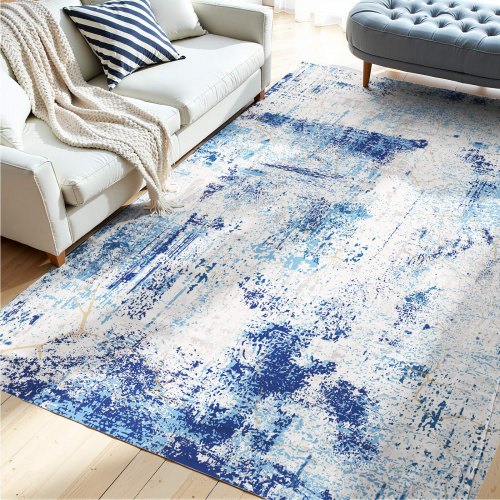 VEVOR Matta, 1,5 x 2,1 m stor tvättbar matta, halkfri och rivtålig mjuk heltäckningsmatta, husdjurs- och barnvänliga moderna mattor, inomhusmatta för sovrum, kontor, vardagsrum, barnrum, entré, blå