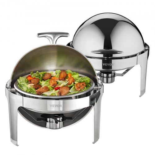 VEVOR Varmdisk med roll top, 6 liter, 2-pack, rostfritt stål varmdisk med 2 fullstora kastruller, rund cateringvärmare med lock, vattenkastrullställ, bränslehållare, för minst 5 personer