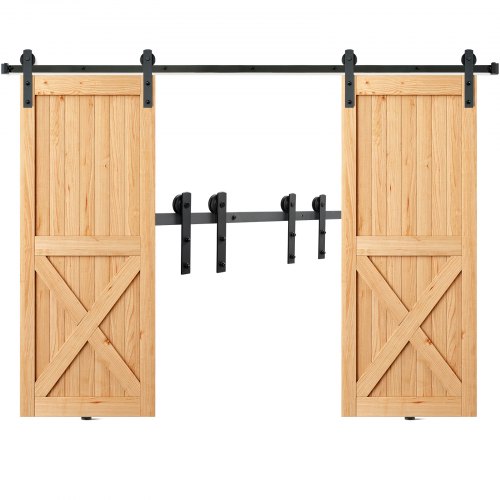 VEVOR 243,8 cm skjutdörrsdetaljer, 149,7 kg kraftiga ladugårdsdörrsskenor för dubbeldörrar, passar 112-131 cm total bredd och 3,3-4,6 cm tjocka 2 dörrpaneler, med smidig och tyst remskiva (I-form)