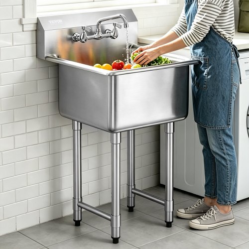 VEVOR diskho i rostfritt stål, fristående liten diskho med 1 fack, inklusive kran och ben, 533,4 x 1041 mm kommersiella diskhoar med enkel ho för garage, restaurang, kök, tvättstuga