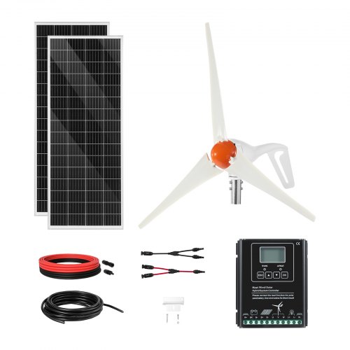 VEVOR 12V 400W solenergipaket för vindkraft, 2 st 100W monokristallina solpaneler + 200W vindturbin + MPPT vind-/solhybridsystemregulator för hemmabruk, husbil, båt, camping, off-grid-applikationer