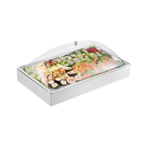 VEVOR Bänkdiskbehållare för matservering, 1 x 1-formad serveringsbricka i rostfritt stål, buffékryddispenserdisplay med genomskinligt båglock och 3 isbrickor, för restaurang, hotell, fest