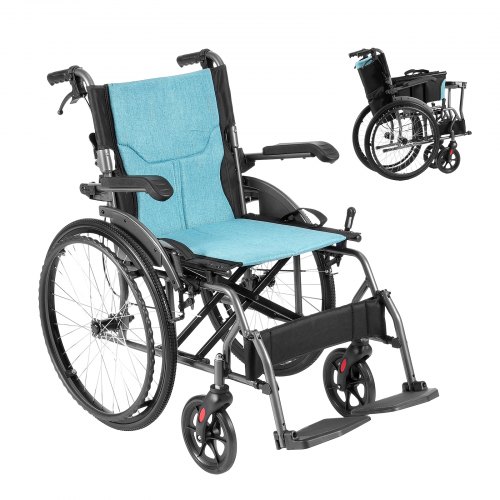 VEVOR Rullstol, Slitstark Ultralätta Rullstol i Aluminiumlegering, Bärbar Rullstol med Bakåtfällbara Bordslånga Armstöd, Justerbara Fotstöd i 3 Positioner, 18-Tums Bred Sits, 250lbs Viktkapacitet