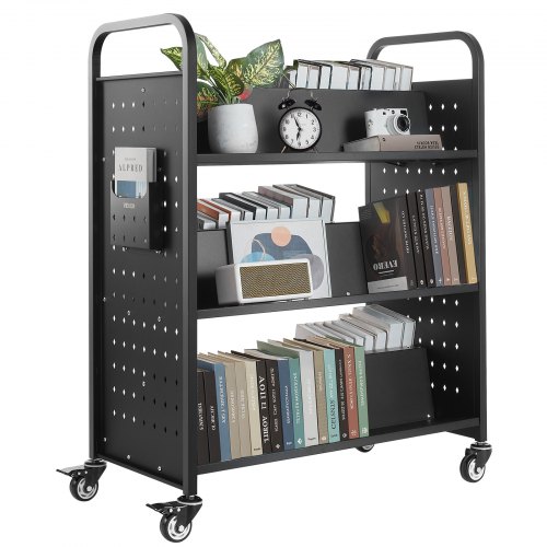 VEVOR rullande biblioteksbokvagn, 150 kg kapacitet, 97 x 51,5 x 122,5 cm biblioteksvagn, dubbelsidiga W-formade hyllor med 76,2 mm låsbara hjul, bokvagn för hemhyllor, kontor och skola, svart
