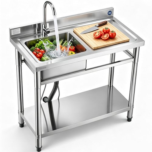 VEVOR diskho i rostfritt stål, fristående diskho för kommersiellt kök med enkel ho och kran, 1000 x 500 x 940 mm, diskho höger med varm- och kallvattenrör för garage, restaurang, tvättstuga