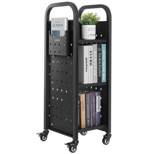 VEVOR rullande biblioteksbokvagn, 100 kg kapacitet, 32 x 35 x 93,5 cm biblioteksvagn, enkelsidiga L-formade hyllor med 50,8 mm låsbara hjul, bokvagn för hemhyllor, kontor och skola, svart