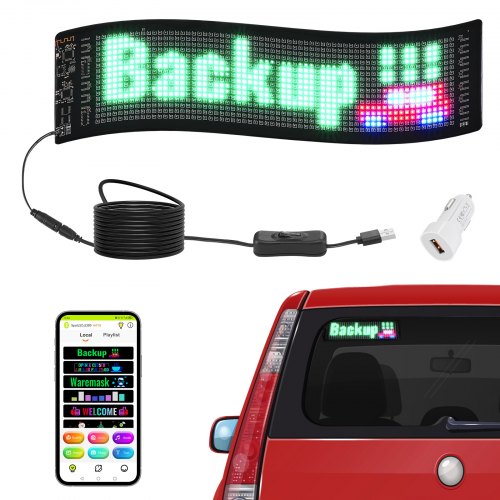 VEVOR Programmerbar LED-skylt, P5 Fullfärgs LED-rullningspanel, DIY-anpassad textanimationsmönsterdisplaytavla, Bluetooth APP-styrd meddelandeskylt för butik, företag, bilbarreklam, 38x10cm