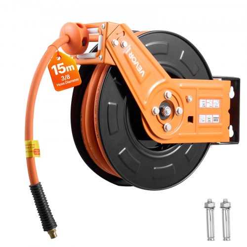 VEVOR Indragbar luftslangvinda, 15m x 9,5mm gummiluftslang Max 300PSI, Automatisk återlindning av luftkompressorslangvinda med 1m ingång, 180° svängbart tak-/väggfäste för garageverkstäder