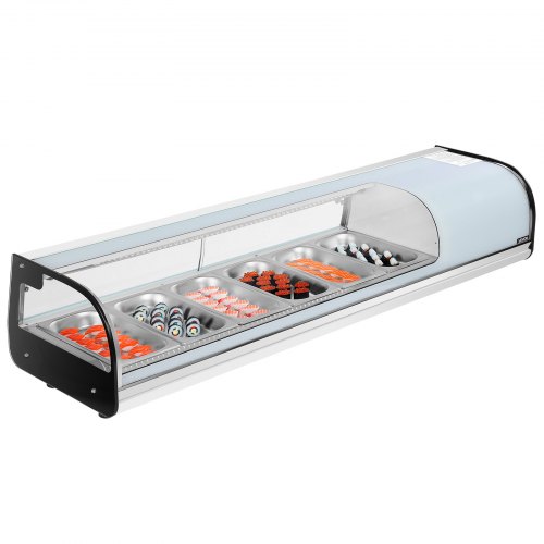 VEVOR Sushi-kylskåp, 62 liters kommersiell sushilåda, bänkskåp med 6 bänkskivor, böjt glas, LED-belysning och digital temperaturkontroll, för sushibardisk, restaurang, butik