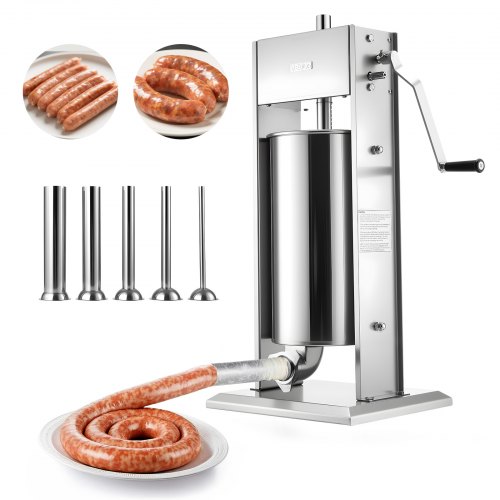VEVOR Manuell korvfyllare, 15 l vertikal köttfyllare, kraftig korvfyllningsmaskin för kött, fyllare i rostfritt stål med dubbla hastigheter och 5 påfyllningsrör, för kommersiellt och hemmabruk