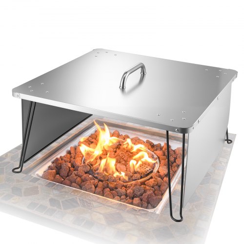 VEVOR Eldstadsvärmeavvisare, 645x645x370 mm fyrkantigt skydd för utomhusbrännare, rostfritt stål vedeldad campingeld, tryck ner och ut värmen med 4 fällbara ben och bärhandtag