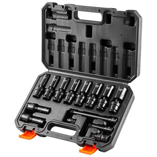 VEVOR 360 graders vridbar krafthylsnyckelsats, 3/8" hylsnyckelsats 14 delar djup universal metrisk 10-19 mm, 6-punkts Cr-Mo legerat stål för bilreparationer, lättlästa storleksmarkeringar, robust konstruktion, förvaringsväska
