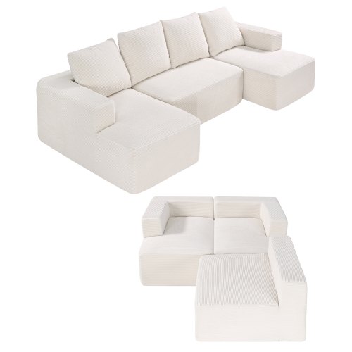 VEVOR Modulsoffa, U-formad modulsoffa med schäslong, Cloud-soffa med hög returdämpande svamp och densitet, klädd manchestersoffa med dyna för vardagsrum, sovrum, beige