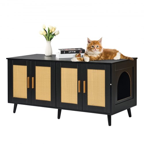 VEVOR Kattlåda för 2 katter, dold kattlåda med rottingdekorerade dörrar, träskåp för kattlådan passar de flesta katter, 122 cm L x 49 cm B x 54 cm H, svart