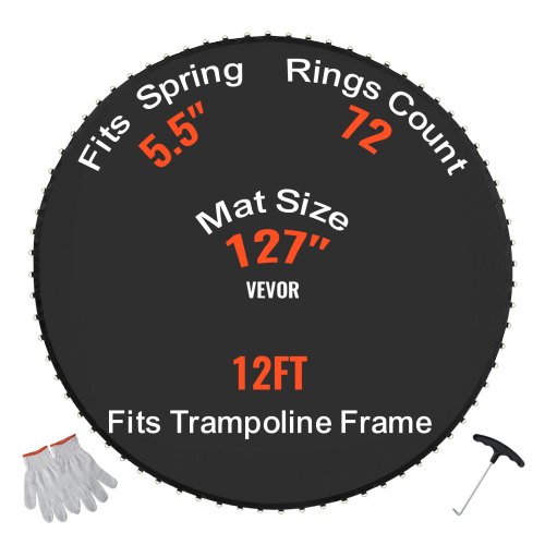VEVOR Ersättningsstudsmatta, Hoppmatta Passar 12ft Ram, Universal Hoppmatta För 12ft Rund Trampolin, Förstärkt UV-resistent matta med fjäderverktyg och slitstarka V-ringar, Passar 5,5" fjäderlängd