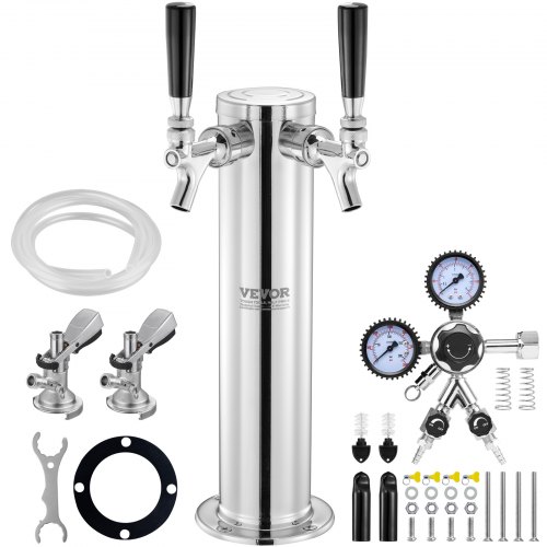 VEVOR Kegerator Tower Kit, ölkonverteringskit med dubbla kranar, öltornsdispenser i rostfritt stål med dubbel mätare, W21.8-regulator och A-System-fatkoppling, droppbricka för öl för fester och hem
