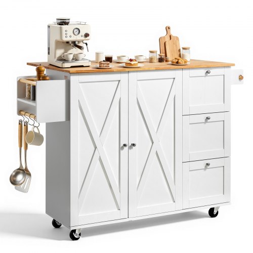 VEVOR Kitchen Island Cart med massiv träskiva, 45,3" breda mobila vagnar med förvaringsskåp, rullande köksbord med kryddställ, handduksställ, Drop Leaf och låda, Portable Islands on Wheels, Vit