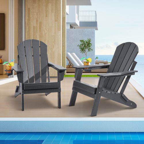 VEVOR Adirondack-stol i plast, set med 2 vädersäkra bärbara hopfällbara eldstadsstolar, utomhus Adirondack-terrassestol med mugghållare, med avkopplande armstöd ergonomiskt, för trädgård, bakgård - grå