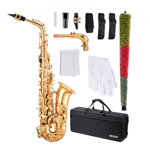 VEVOR Altsaxofon, Ess-modell, Mässingssaxofon Nybörjarkit med Bärväska, Munstycke, Remmar, Rengöringsduksstång, Handskar, Fett, Halsrem, 23 Tangenters Altsaxofonkit, för Nybörjare, Guld