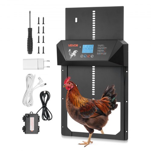 VEVOR Automatisk Hönshusdörr, DC- och Batteridriven Hönshusdörr med LCD-skärm, Ljussensor, Timer och Manuell Inställning, Klämskydd, Slitstark Aluminiumlegering, Hönshusgrindöppnare för Gård