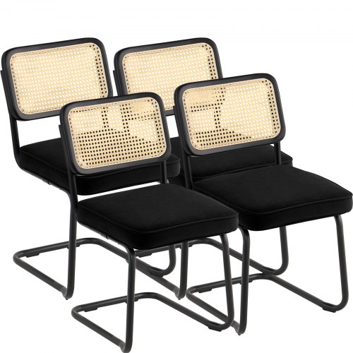 VEVOR Rottingstolar, set om 4, Mid-Century Modern matstolar, klädd sammetsaccentstol med rottingrygg, retro matsalsköksstol för vardagsrum, sovrum, läsrum, kontor, svart