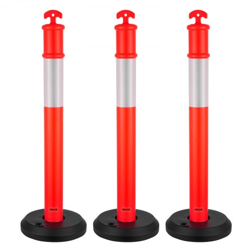 VEVOR 3-pack trafikavgränsningsstolpar, 1140 mm trafiksäkerhetskoner med fyllbar bas och reflexremsor, kraftiga avgränsningsstolpar för byggarbetsplatser, parkeringsplatser, trängselkontroll, röd