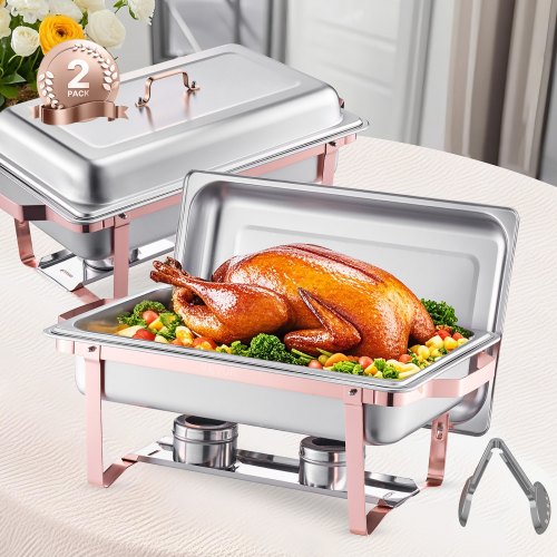 VEVOR Varmdiskbufféset, 8 liter 2-pack, varmdisk i rostfritt stål med 2 fullstora stekpannor, rektangulär cateringvärmare med lock, vattenpanna, bränslehållare, för bröllopsfest, bankett, roséguld