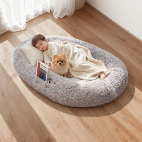 VEVOR Hundbädd för människor, 137 x 89 x 23 cm ortopedisk hundbädd i minnesskum, hundbäddar för människor med sidoficka, handtag och dragkedja, avtagbara maskintvättbara hundbäddar för människor, grå