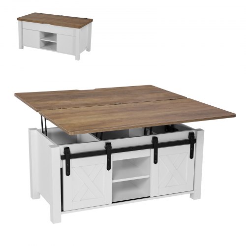 VEVOR 1000 mm lyftbart soffbord i lantlig stil, rustikt mittbord med ladugårdsdörr och dolt förvaringsfack, modern rektangulär lyftbar bordsskiva för vardagsrum, kontor, hem, enkel montering, brun