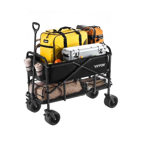 VEVOR Dubbeldäckad Vagn Hopfällbar, 400L Kraftig Hopfällbar Vagn, Förlängd Lång Trädgårdsvagn med Terränghjul, Stöder Upp till 220 kg, Utomhusvagn För Camping, Sport, Shopping