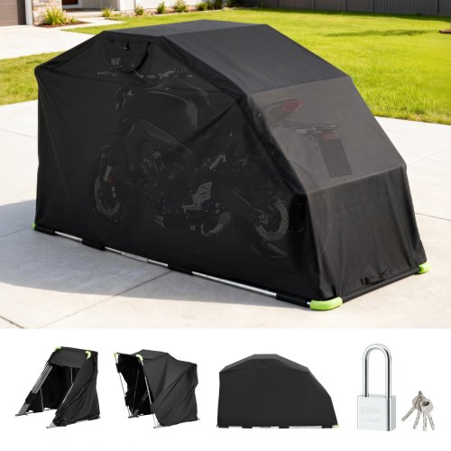 VEVOR Motorcykelförvaringsskydd med säkerhetslås, 600D Oxford Uppfällbart Garagetält, Robust Allväders Motorcykelskydd med Ventilationsfönster, 279x109,5x160 cm Utomhusfordonsskydd, Svart