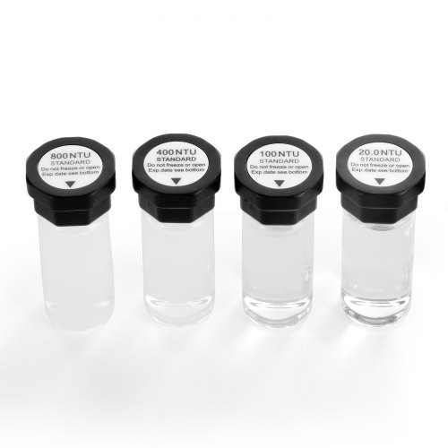 VEVOR Turbiditetskalibreringslösningskit, 20/100/400/800 NTU, 20 ml styck, 4 st. standard turbiditetslösningspåfyllning för TN1000 turbiditetsmätare, stötsäker skyddsinsats, förseglad flaskdesign