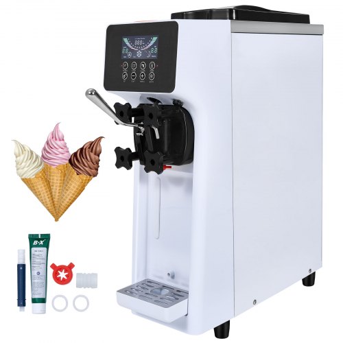 VEVOR Kommersiell glassmaskin, 10 l/h kapacitet, 900 W mjukglassmaskin för bänkskiva med en smak, med 4 l behållare, 1,6 l cylinder, LCD-panel med automatisk rengöring och förkylning, för restaurang, snackbar