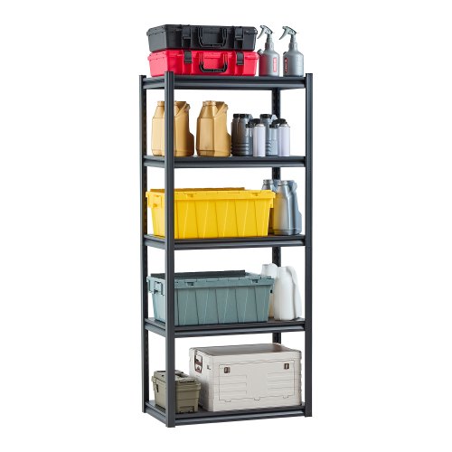 VEVOR Förvaringshyllor, 900 kg, 5-vånings garageförvaringshylla, 46 cm D x 81 cm B x 181 cm H Justerbara metallhyllor för garagehyllor Verktygshylla, Perfekt för kök, lager, källare, Svart