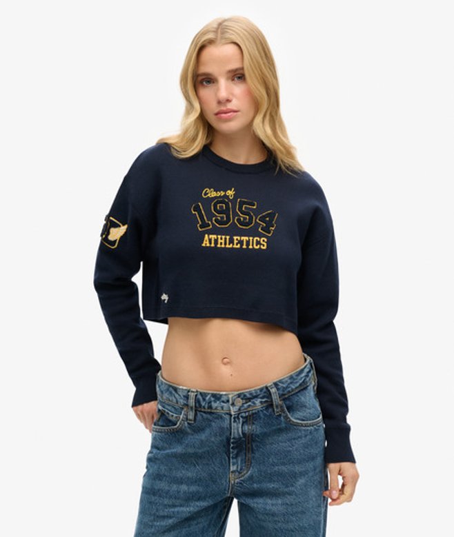 Superdry Damen Kurzer College-pullover mit Rundhalsausschnitt Marineblau - Größe: 42