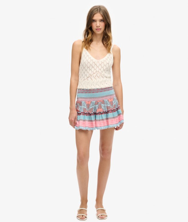 Superdry Damen Gesmokter Minirock Mit Print, Rosa, Größe: 38