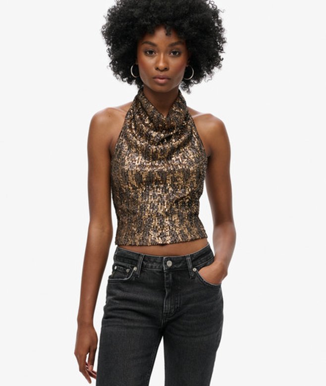 Superdry Damen Pailletten-top mit Wasserfallausschnitt Braun - Größe: 40