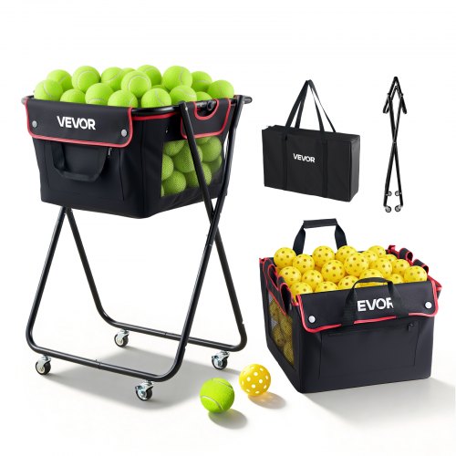 VEVOR Tennisbollsbehållare, Rymmer 175 tennisbollar eller 290 picklebollar, Hopfällbar picklebollkorg med Hjul för Enkel Upphämtning, Bärbar Baseballvagn med Förvaringsväska, För Träning och Coaching