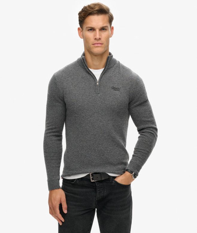 Superdry Herren Essential Strickpullover mit Halbreißverschluss und Stickerei Dunkelgrau - Größe: S