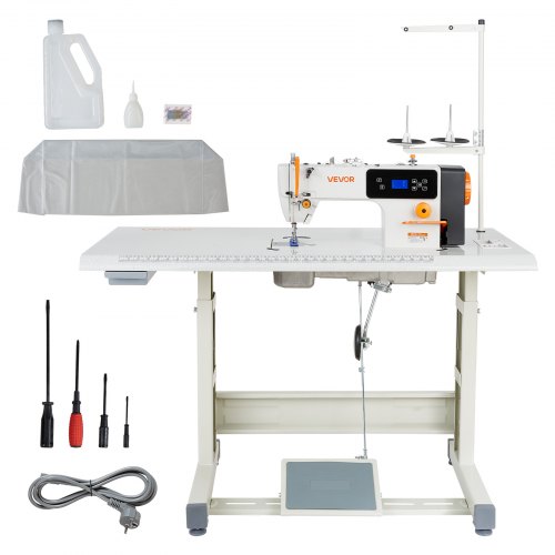 VEVOR Industrial Sewing Machine, 550W Lockstitch Sewing Machine Set with Servo Motor and Table Stand, Auto Thread Trimmer, 5000 SPM High Speed, Metal Frame, LCD Panel, LED Light, for Cotton, Denim