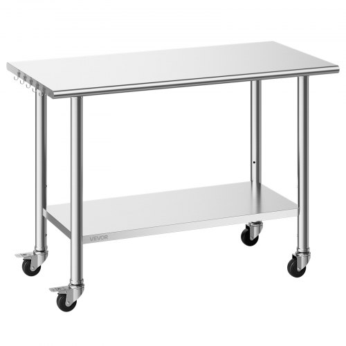 VEVOR Stainless Steel Work Table, 61x122 cm Food Prep Table with Wheels, Commercial Kitchen Workstation with Adjustable Undershelf, Metal Utility Worktable, for Restaurant Outdoor
