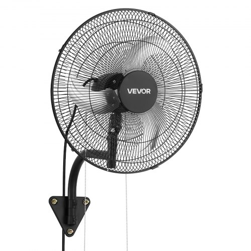 VEVOR Wall Mount Fan, 457 mm Wall Mounted Hanging Fan Oscillating, 3-Speed, Long Airflow Distance, Adjustable Rotation Angle, Mechanical Powerful for Industry, Commercial, Garage, Workshop, Gym, Black