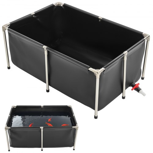 VEVOR Estanque de Lona Sobre Suelo 480 L de PVC Tanque Rectangular 120x80x50 cm para Peces Dorados con Estructura Estable de Acero Inoxidable y Válvula de Drenaje para Acuicultura, Riego, Negro