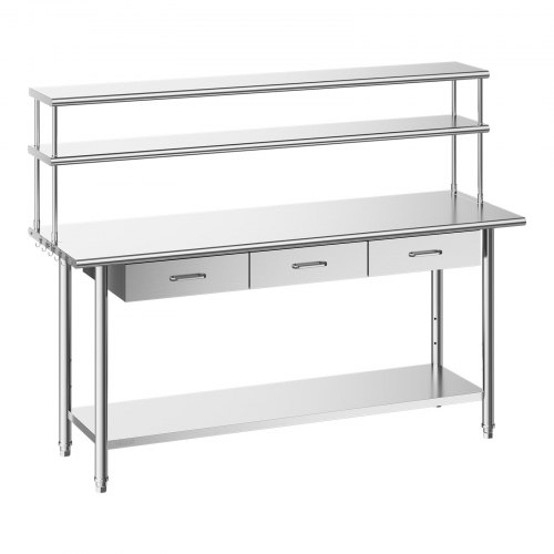 VEVOR Stainless Steel Work Table, 61x183 cm Food Prep Table with Overshelves and 3 Drawers, Commercial Kitchen Workstation with Adjustable Undershelf, Metal Utility Worktable, Restaurant Garage