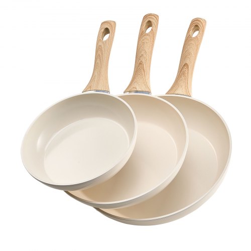 VEVOR Sartén de Aluminio para Huevos, 3 uds 200, 240 y 280 mm, Antiadherente, de Cerámica Resistente con Mango Resistente al Calor, Ideal para Cocina de Chef, Gas, Eléctrica e Inducción, Beige